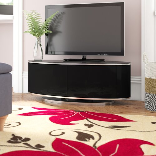 Luna Beam-Thru TV cabinet in sleek black finish with two glossy doors, circular silver base, and remote-friendly design, supporting flat screens from 26" to 52".