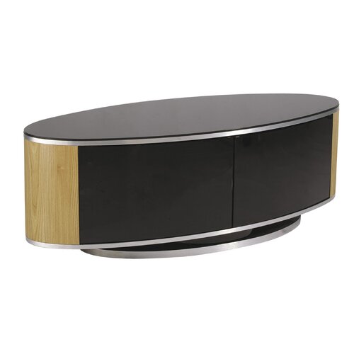 Oval-shaped coffee table featuring high gloss black top, oak wood sides, and a sleek silver trim, combining modern aesthetics with functional design.