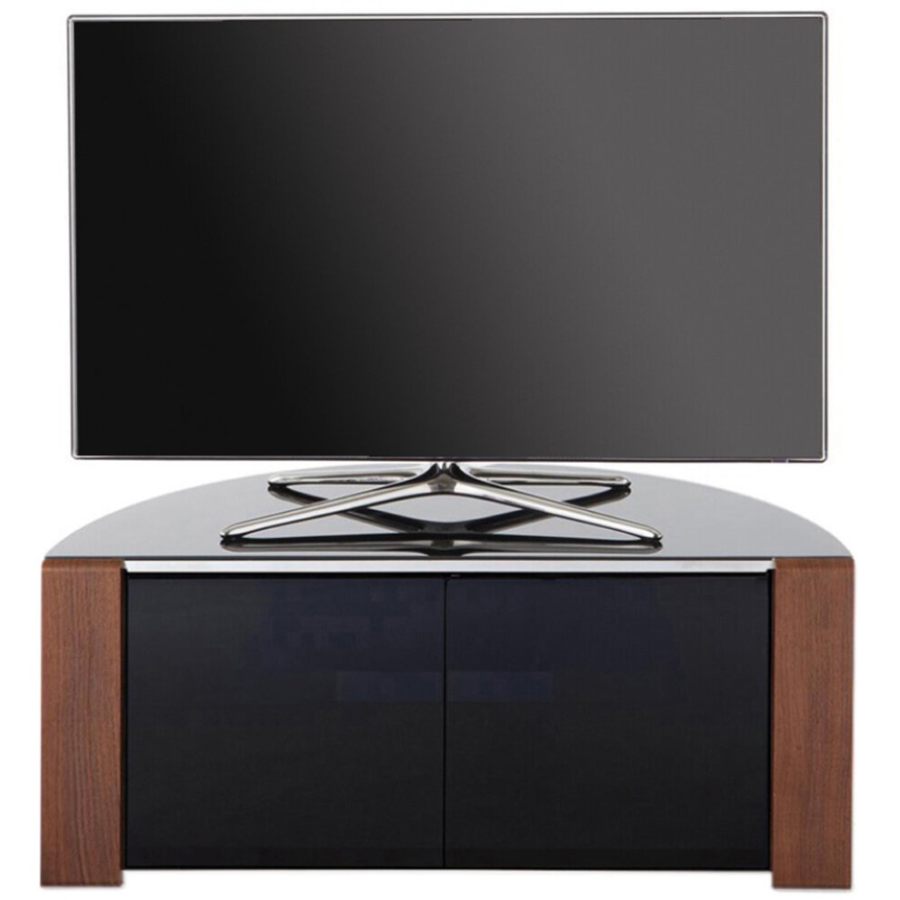 Walnut and oak corner TV cabinet featuring a sleek black top, two glossy black doors, and a modern design, ideal for maximizing space in living areas.