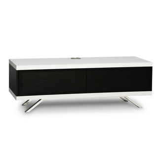 Stylish white TV cabinet with a sleek design, featuring two black drawers, a smooth top surface, and modern metal legs for support.