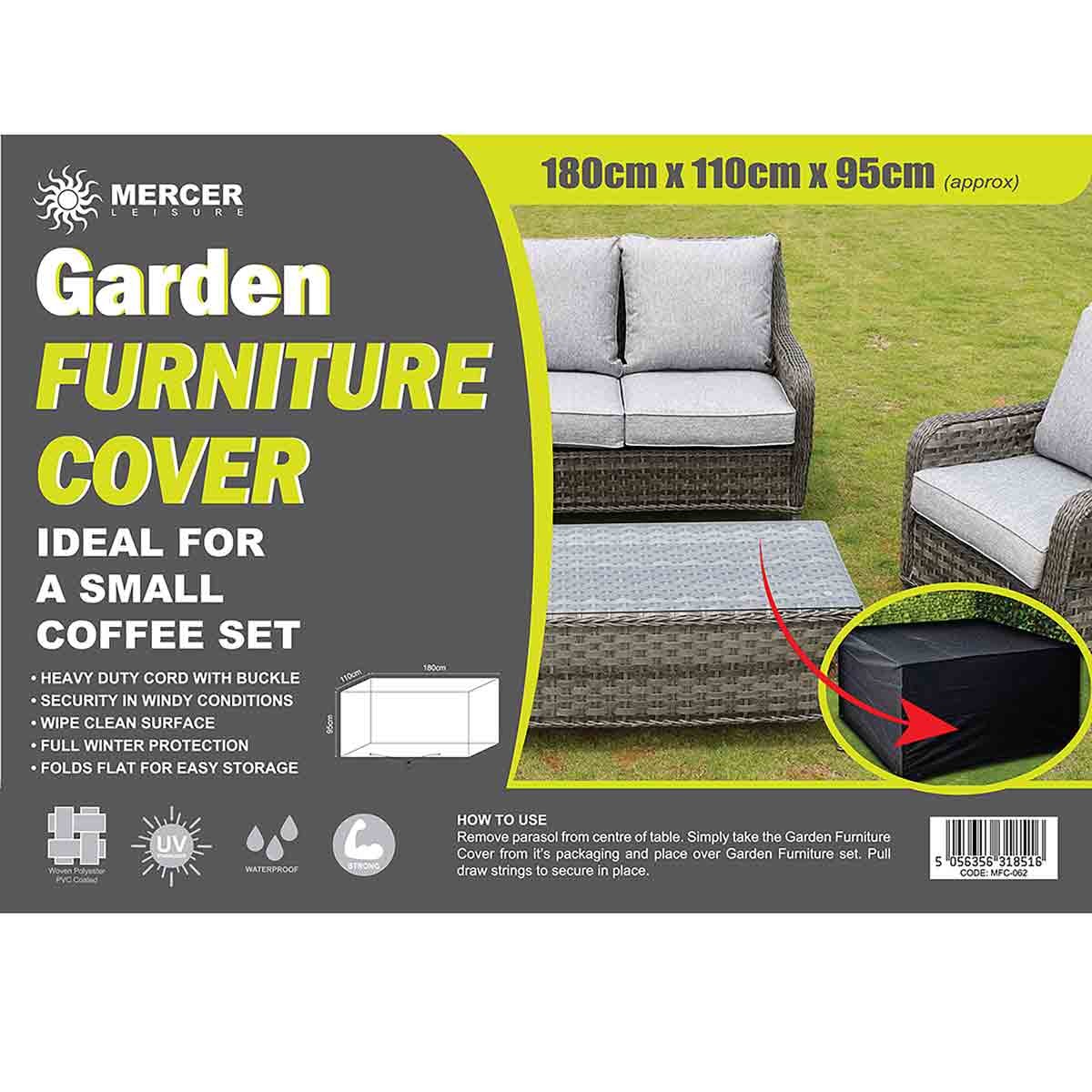 Rectangular garden furniture cover in black, measuring 180 x 110 x 95cm, featuring heavy-duty cord with buckle, full winter protection, and folds flat for easy storage.
