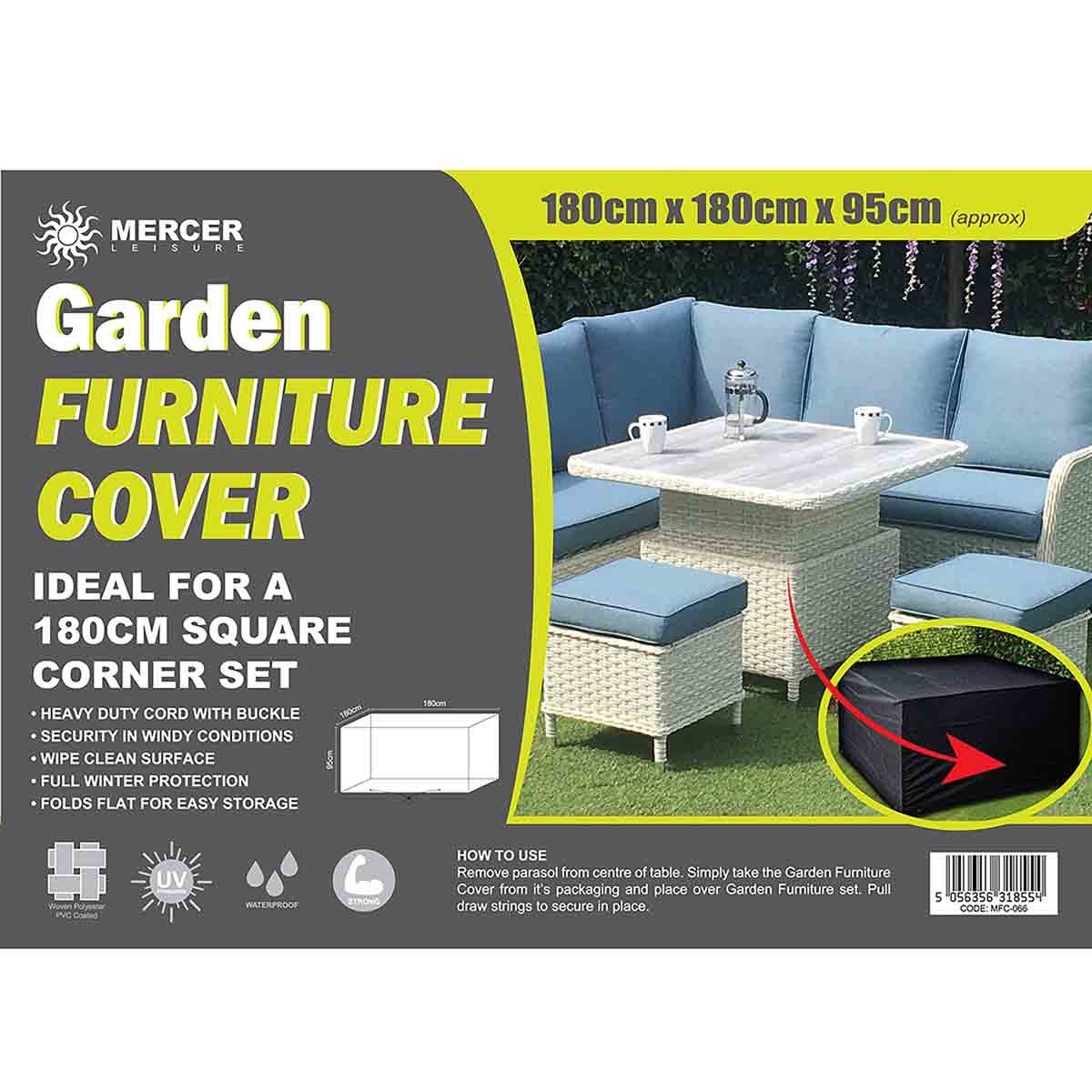 East Square Furniture Cover in a vibrant green packaging, featuring dimensions 180 x 180 x 95 cm, highlights a heavy-duty cord with buckle and water-resistant material for outdoor protection.