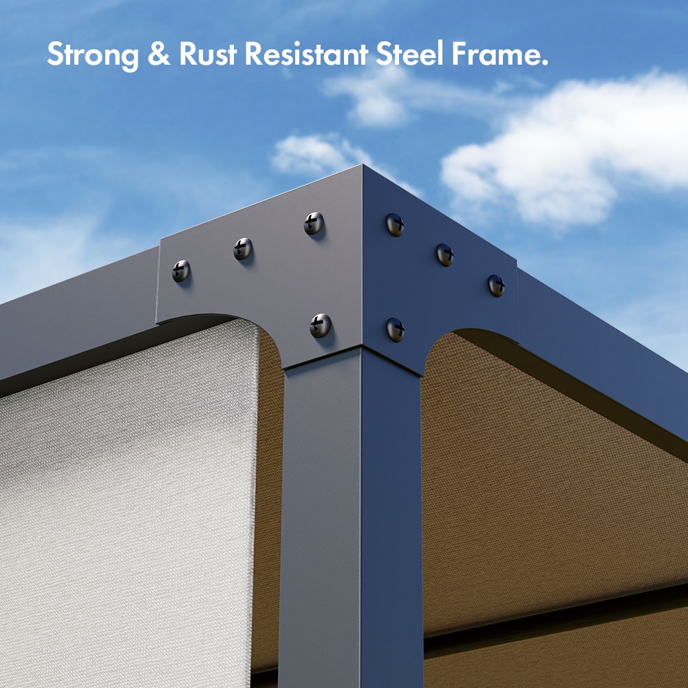 Metal pergola featuring a strong, rust-resistant steel frame in a sleek gray finish, with a sliding roof mechanism and visible screws for added durability.