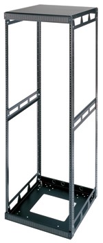 Black metal rack with 21 spaces, 36 inches tall and 26 inches deep, featuring open sides and adjustable mounting holes for equipment installation.