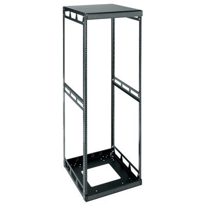 Black metal 43-space rack with a depth of 20 inches, featuring open sides for ventilation, adjustable mounting rails, and a sturdy design for equipment storage.