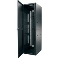 Black Middle Atlantic 38U freestanding AV rack cabinet with open front door and visible interior shelving.