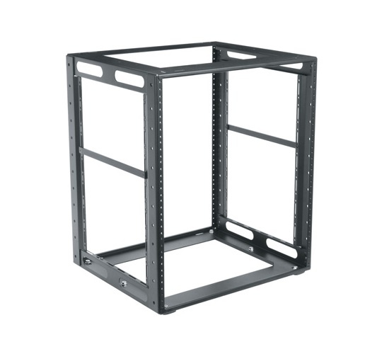 Black metal cabinet frame rack with a 15U capacity and 23-inch depth, featuring open sides and multiple mounting holes for equipment installation.
