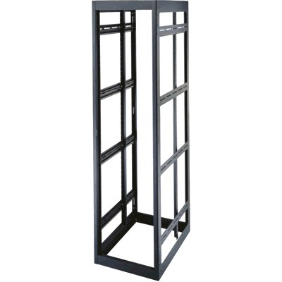 Black metal gangable rack with a 31-inch depth, featuring open sides and multiple mounting rails for equipment installation.