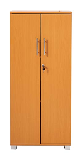 Storage cabinet in beech engineered wood, featuring a sleek orange finish, two doors with silver handles, and a lock, measuring 55cm x 35cm x 125cm.