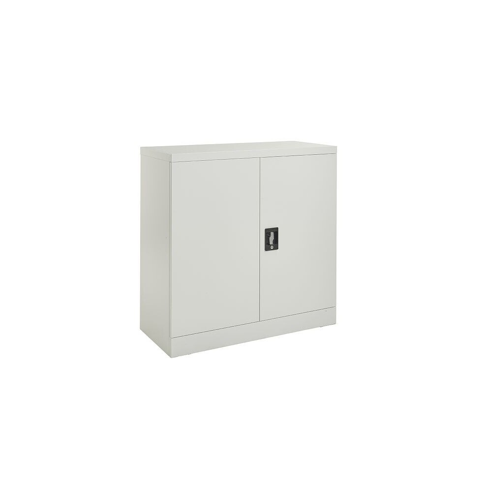 Light grey metal storage cabinet with two lockable doors, featuring a central lock mechanism and a single shelf inside, suitable for office or workshop use.