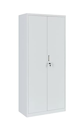 White metal storage cabinet with double doors, a central lock, and four adjustable shelves, suitable for office, bedroom, living room, or garage use.