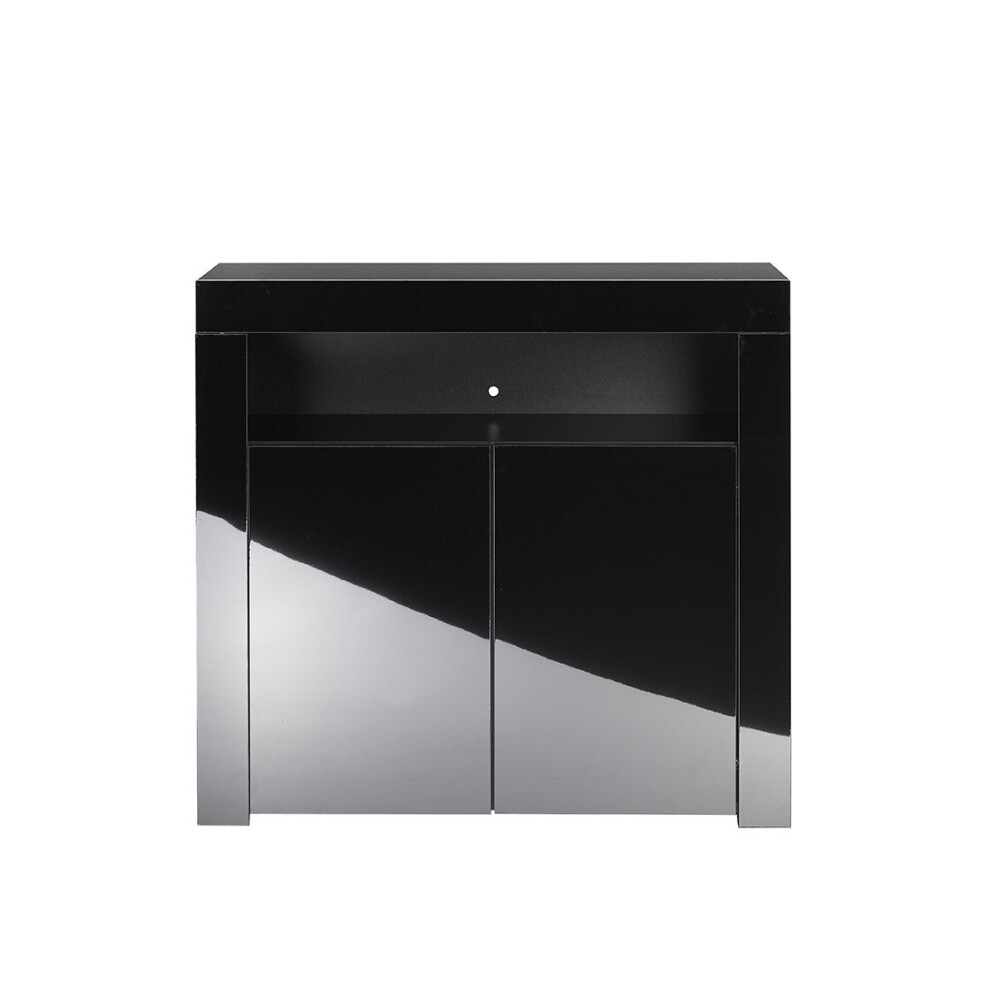 Modern black sideboard cabinet featuring a sleek design, glossy finish, LED lighting, and two doors with a minimalist drawer, measuring 90x35x83cm.