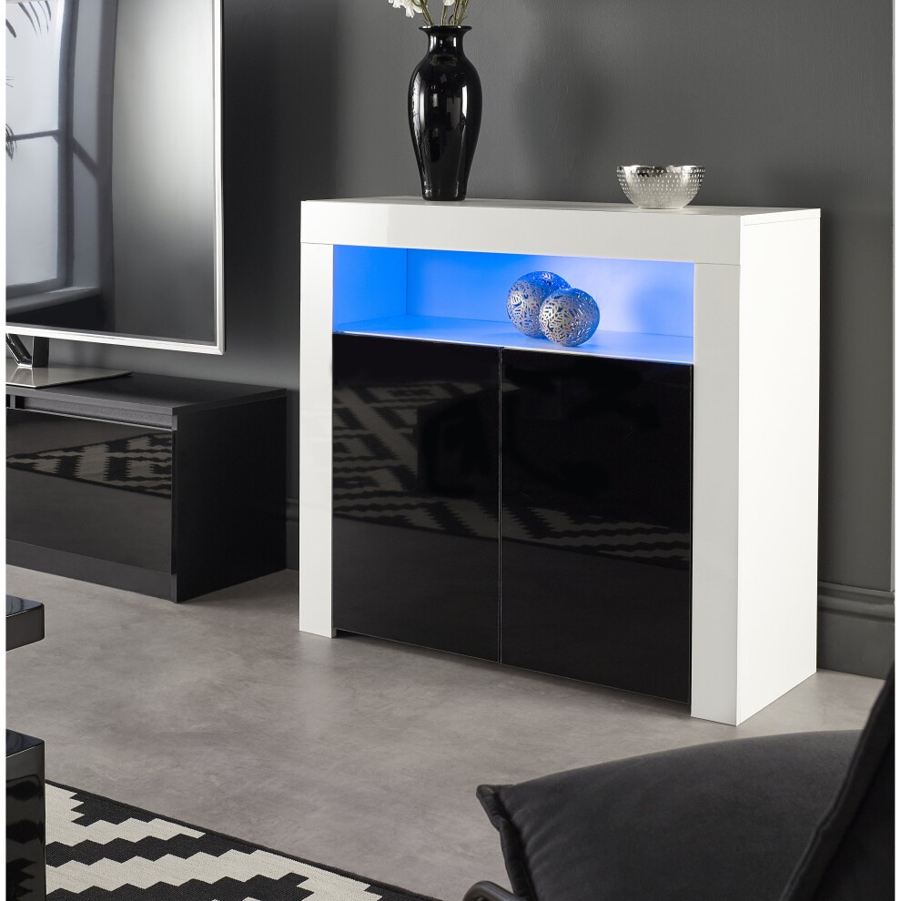 Modern buffet sideboard featuring a sleek white and black matte gloss finish, LED lighting showcasing decorative vases, and two cabinets for storage.