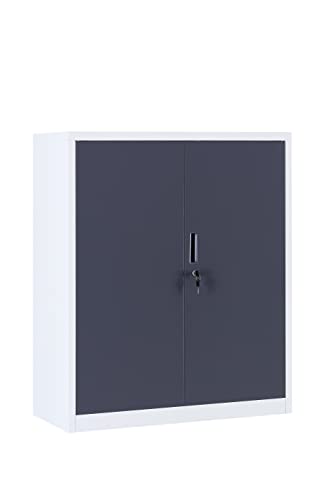Metal storage cabinet with a sleek white frame and dark gray doors, featuring a lockable design and two adjustable shelves for versatile organization.