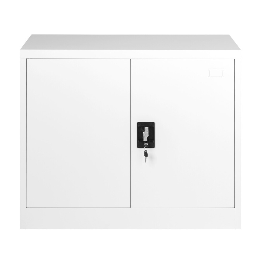 White steel office storage cupboard with two doors, a lockable mechanism, and a sleek design, measuring 900mm, ideal for filing and shelving.
