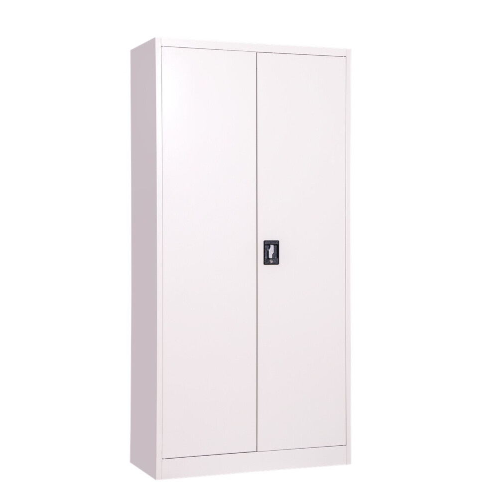 Tall white steel filing cabinet with two lockable doors and four shelves, designed for office use, featuring a sleek and modern finish.