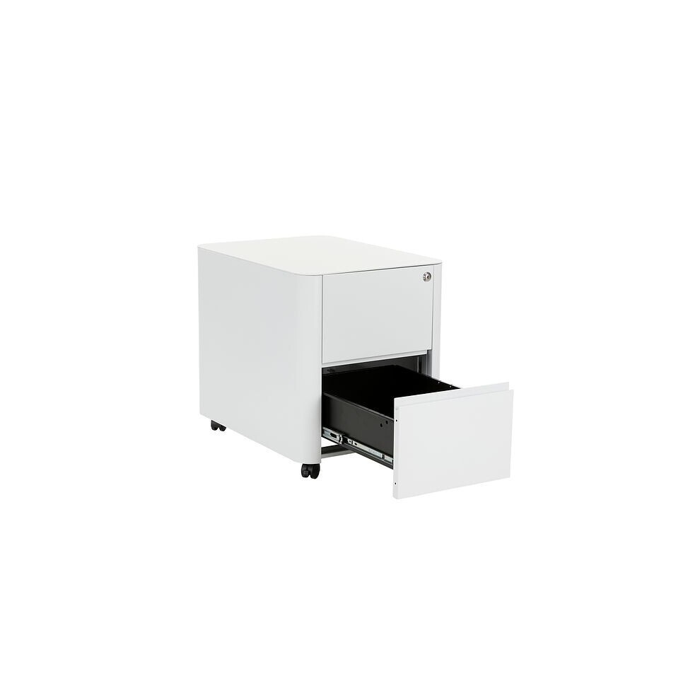 White curved metal mobile pedestal unit with two drawers, fully assembled, featuring a sleek design and rolling wheels for easy mobility.
