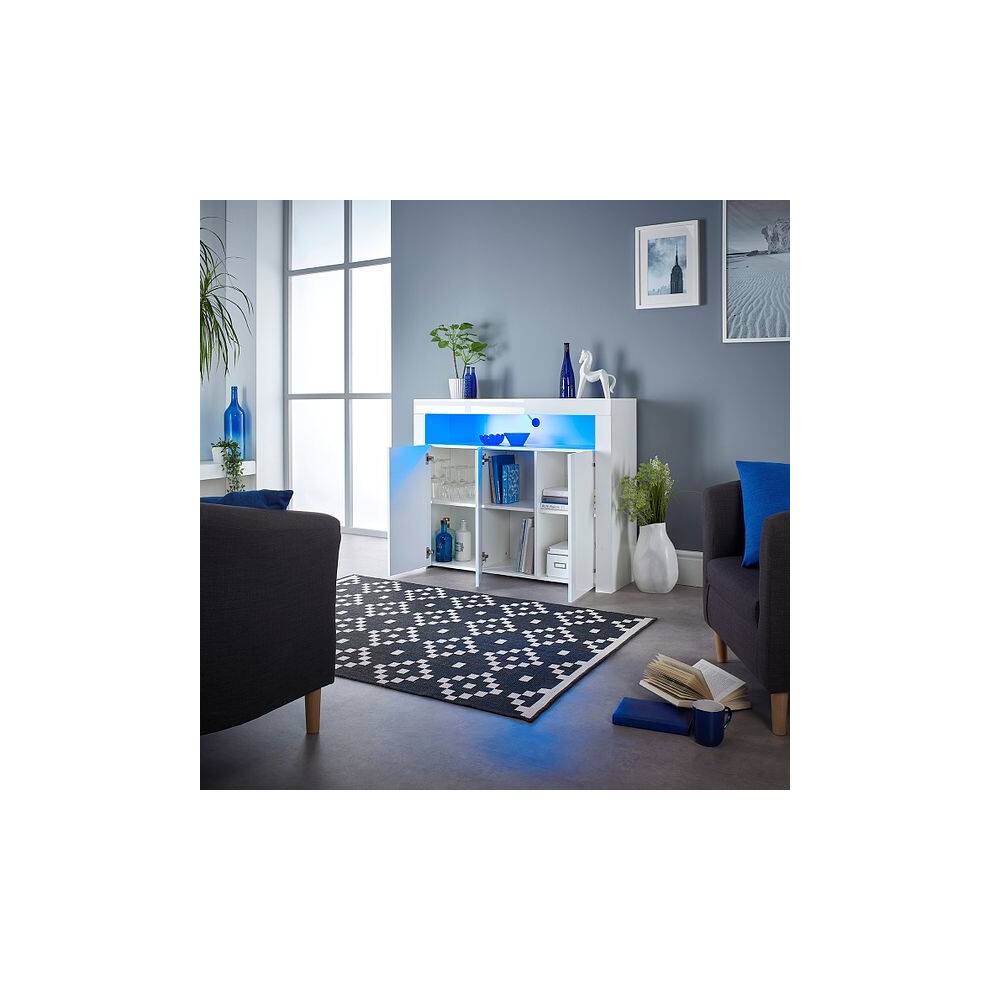 MMT Furniture Designs 3 Door Single Shelf Matt Gloss White Modern Buffet Cabinet with LED - image 2