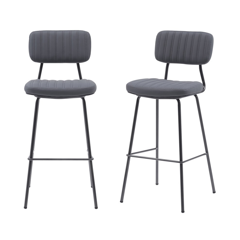 Set of two retro industrial style bar stools featuring grey PU leather upholstery, ribbed design, and a sturdy black steel frame, measuring 45.5x49.5x107.5 cm.