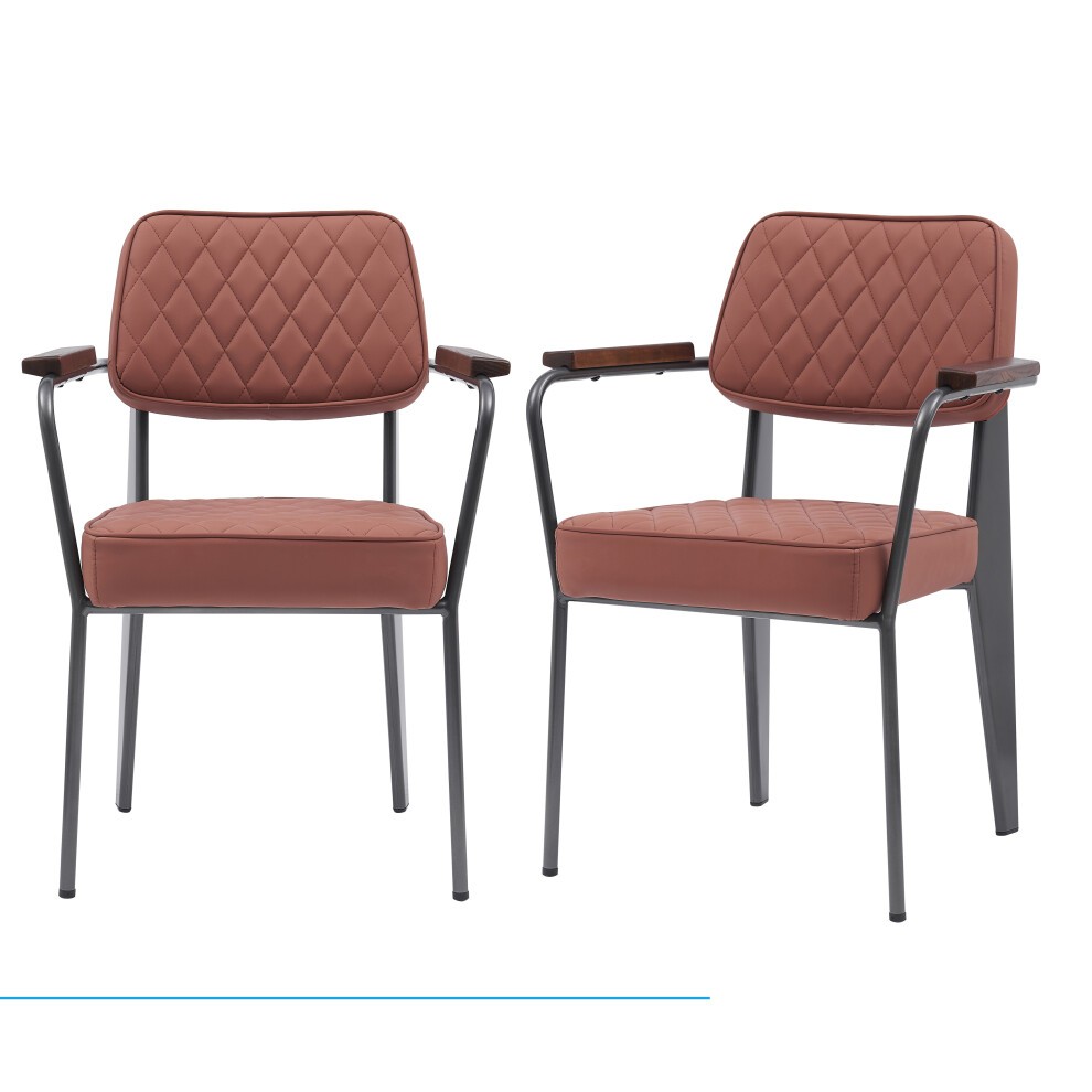 Tan vintage dining chairs set of 2 featuring wooden armrests and a retro stitch design, supported by sleek black metal frames for an elegant dining look.