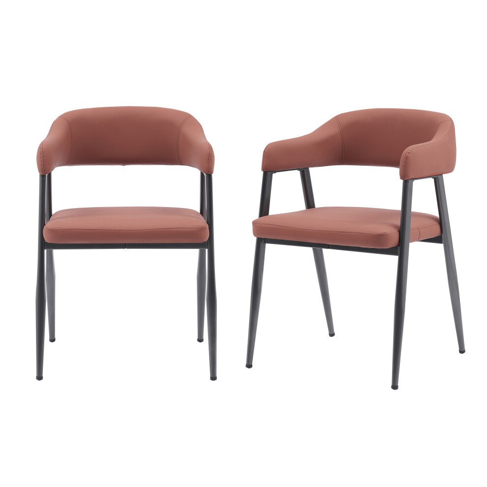 Set of two vintage-style dining chairs featuring tan faux leather upholstery, wrap-around armrests, and sleek black metal legs for a sophisticated look.