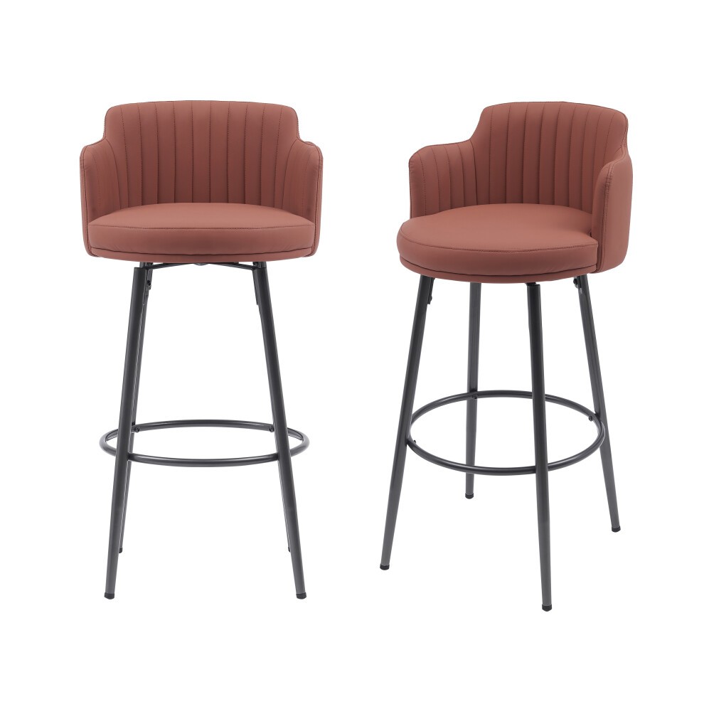 Retro tan PU leather bar stools set of 2 featuring a swivel design, ribbed backrest, footrest, and sturdy black metal legs, measuring 46.5x49.5x96 cm.