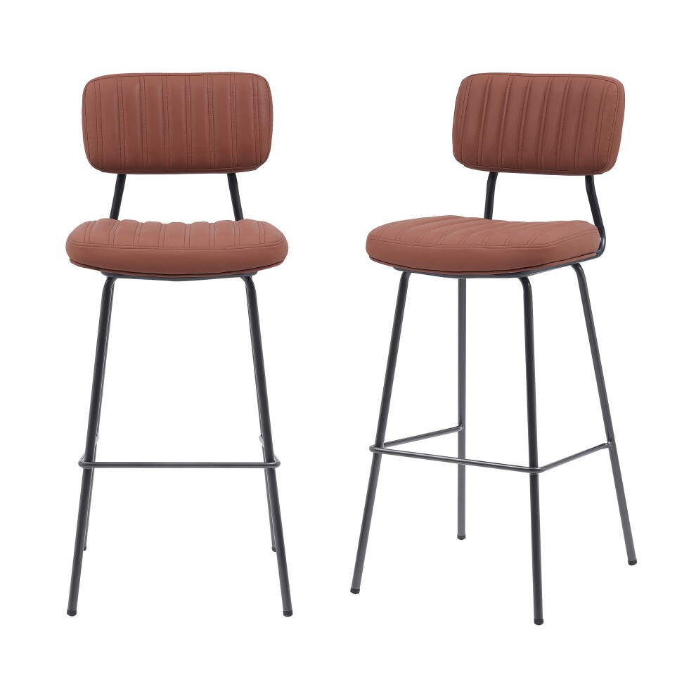 Set of two retro industrial-style bar stools featuring tan PU leather seats with vertical stitching, supported by a sleek black steel frame, measuring 45.5x49.5x107.5 cm.