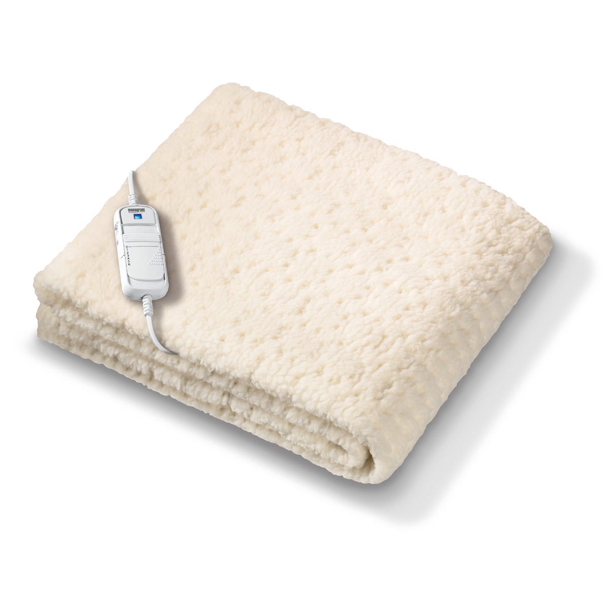 Cream-colored fitted double heated mattress cover made of soft material, featuring a control unit with adjustable settings.