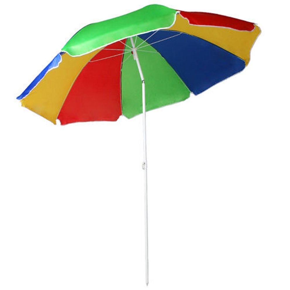 Adjustable tilting parasol featuring a vibrant multi-colored canopy in red, blue, yellow, and green, with a sturdy white metal pole and a UVP 40 rating for sun protection.