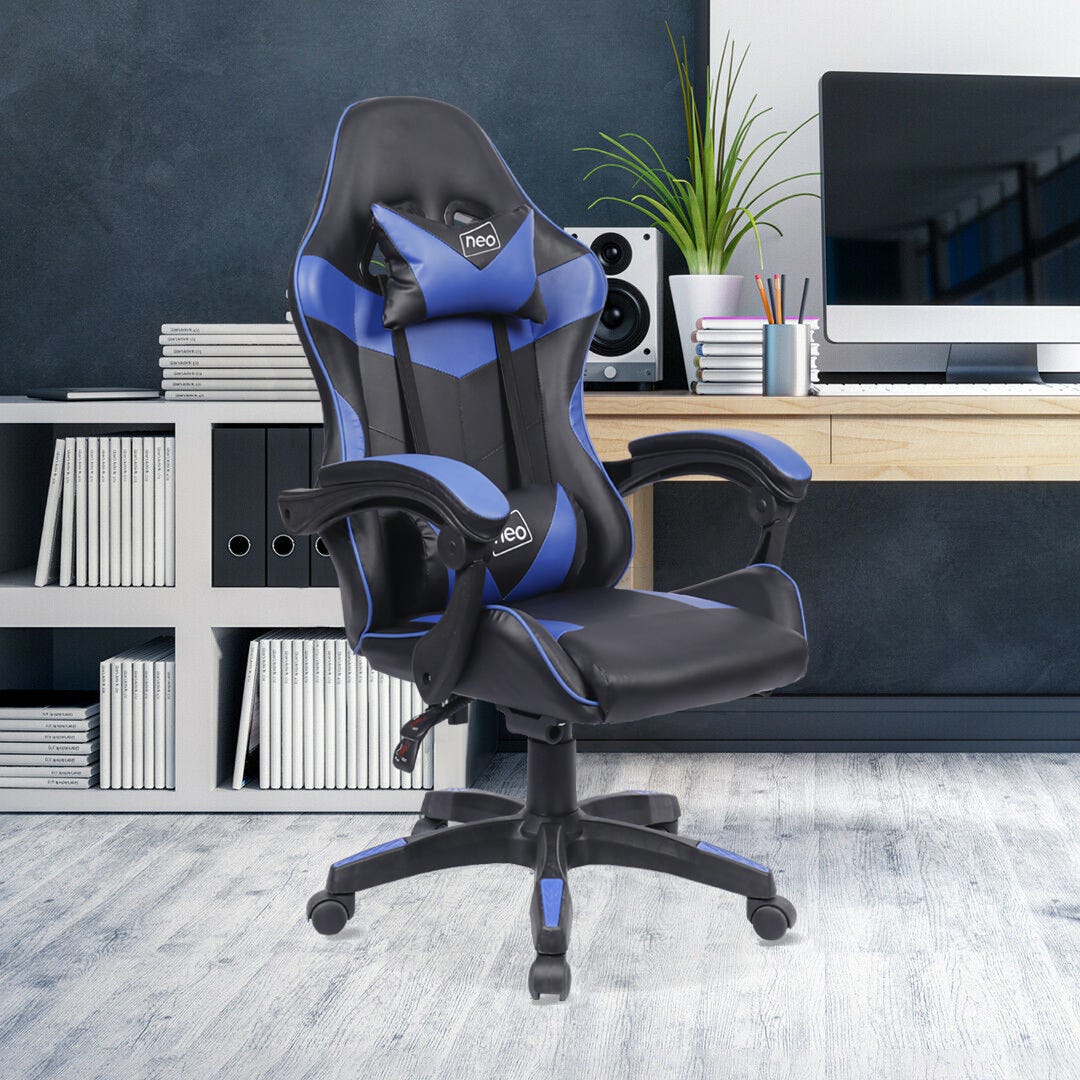 Neo Blue Sport Racing Gaming Office Chair features a sleek black and blue design, ergonomic shape, adjustable armrests, and a comfortable headrest, set against a modern office backdrop.