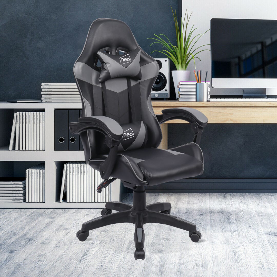 Neo Grey Sport Racing Gaming Office Chair features a sleek grey and black design, ergonomic shape, adjustable armrests, and a supportive headrest, set against a modern office backdrop.