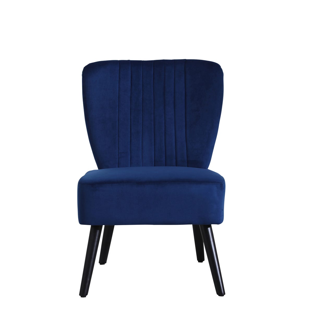 Crushed velvet shell accent chair in deep blue with vertical pleats and sleek black wooden legs, offering a modern and stylish seating option.