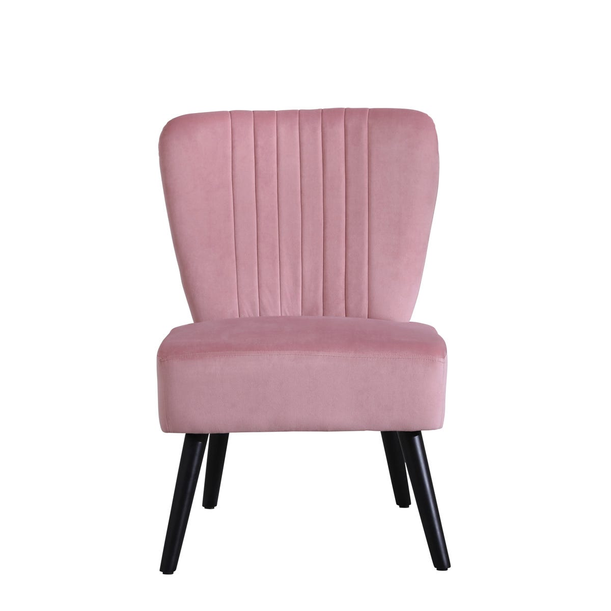 Pink crushed velvet shell accent chair with vertical tufting and black wooden legs, offering a stylish and modern design for any living space.