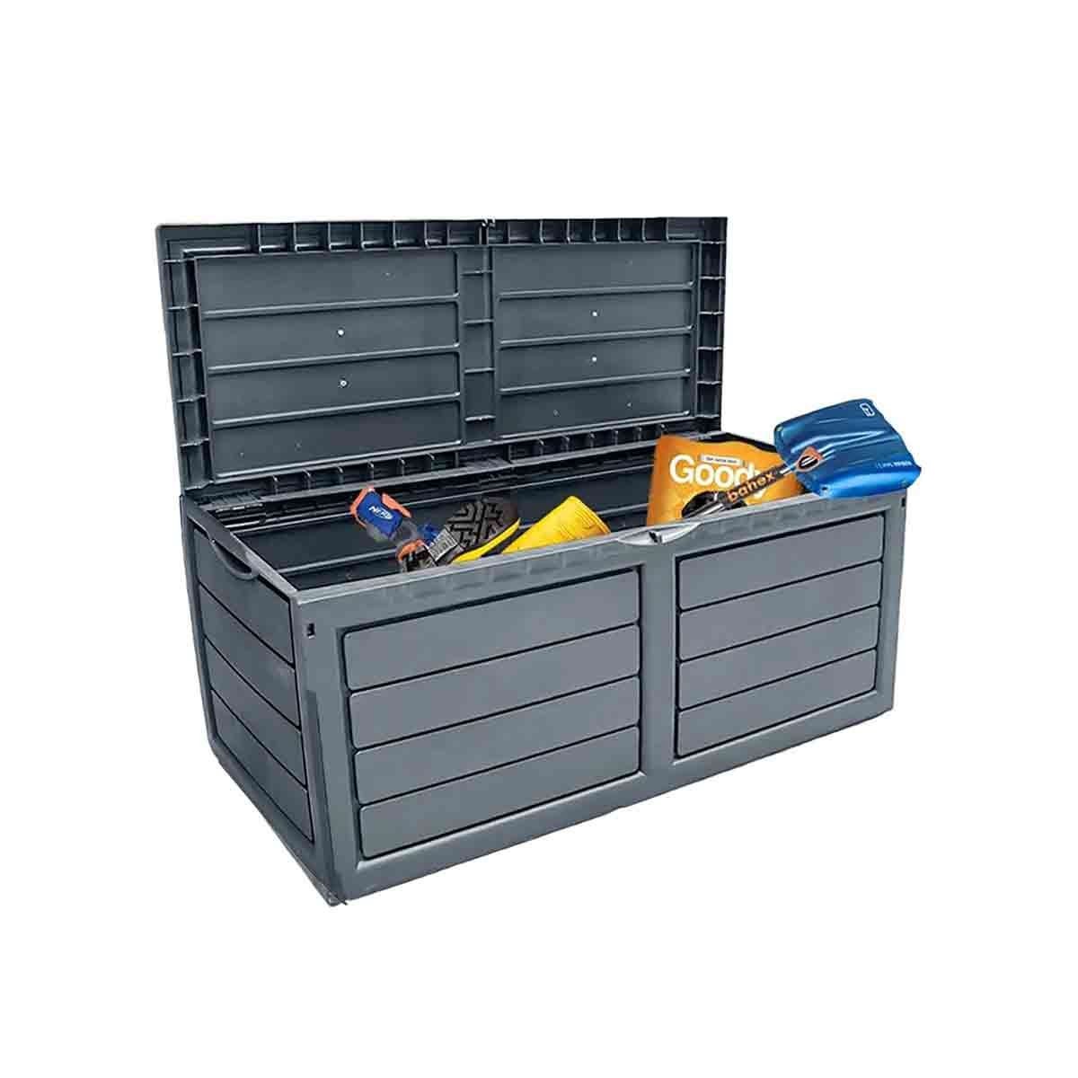 Gray 320-litre waterproof outdoor storage box with a slatted design, featuring a hinged lid and various items inside, ideal for organizing garden tools and outdoor equipment.