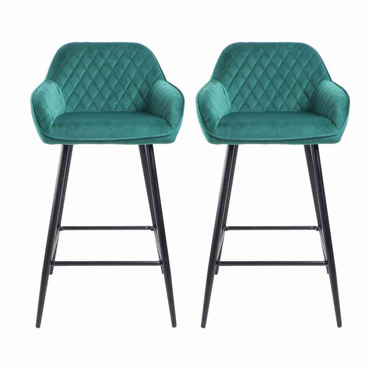 Set of 2 green crushed velvet bar stools with diamond-patterned backs and black metal legs, featuring comfortable armrests and a modern design.