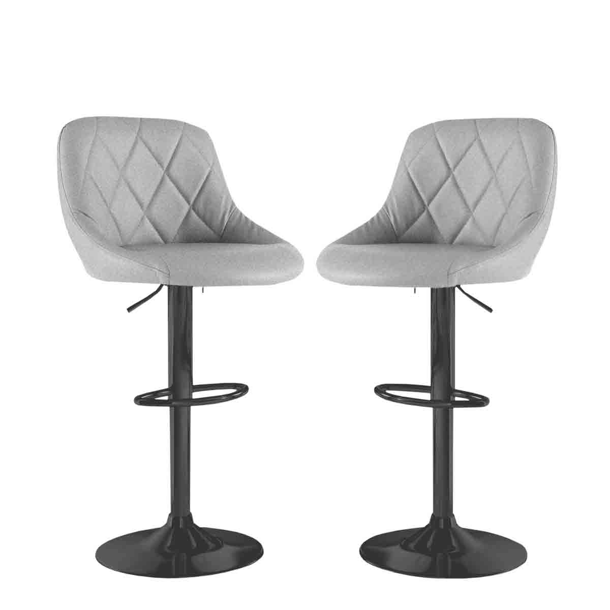 Set of 2 grey swivel bar stools with a quilted design, featuring a height-adjustable chrome base and a circular footrest for added comfort.