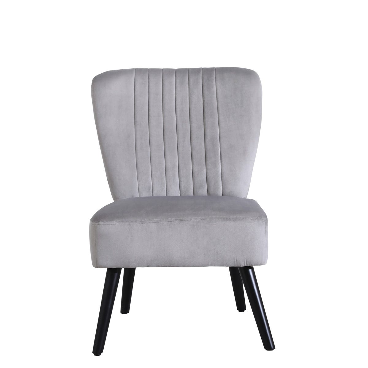 Crushed velvet shell accent chair in soft gray with vertical stitching and sleek black legs, offering a modern and stylish seating option.