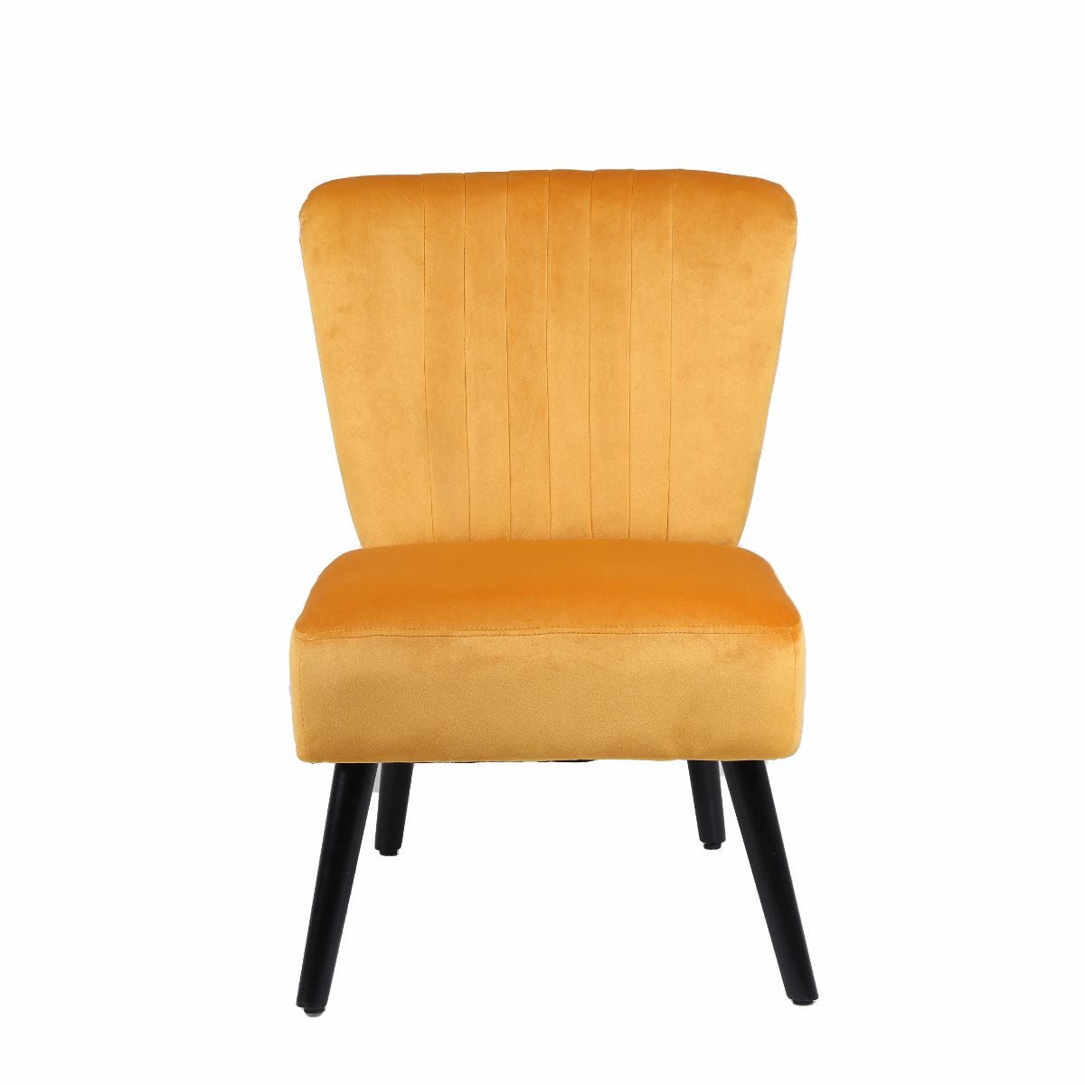 Stylish scallop velvet chair in vibrant mustard yellow, featuring vertical ribbed detailing and sleek black legs for a modern touch.