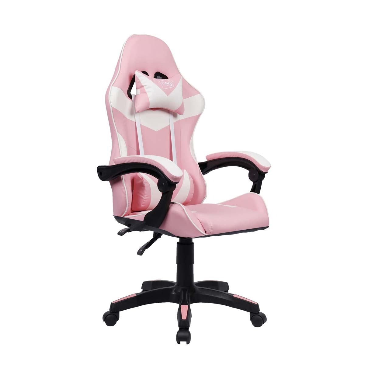 Neo Pink Leather Racing Chair features a sleek design with a pink and white color scheme, ergonomic shape, adjustable height, and a comfortable headrest for gaming or office use.
