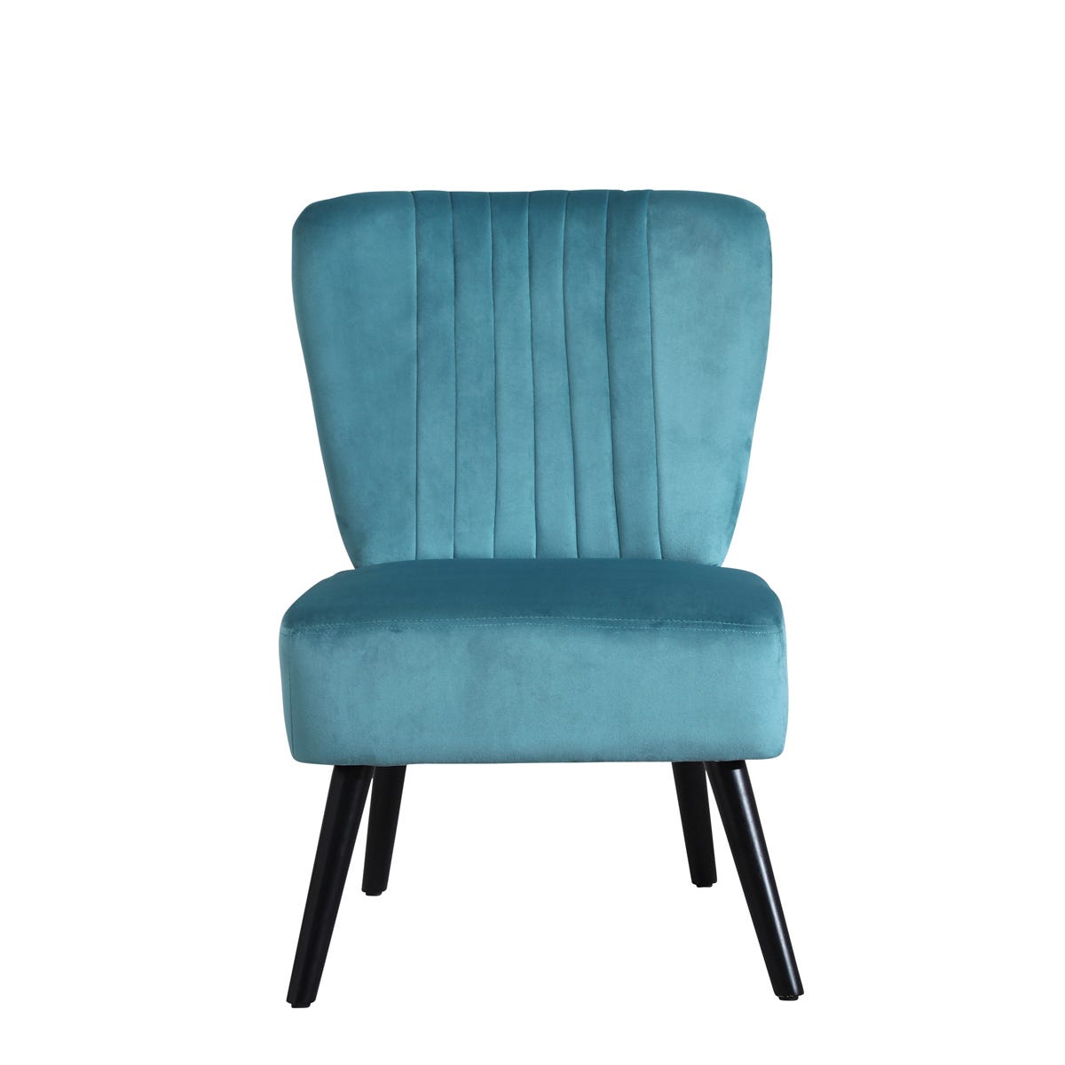 Turquoise crushed velvet accent chair with vertical stitching and black wooden legs, featuring a modern design and comfortable seat.