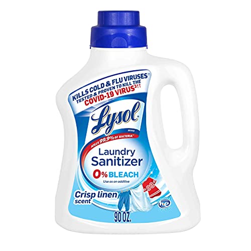 White plastic bottle with a blue cap, labeled "Lysol Laundry Sanitizer," 90oz, featuring "Crisp Linen" scent and claims to kill 99.9% of bacteria and viruses.