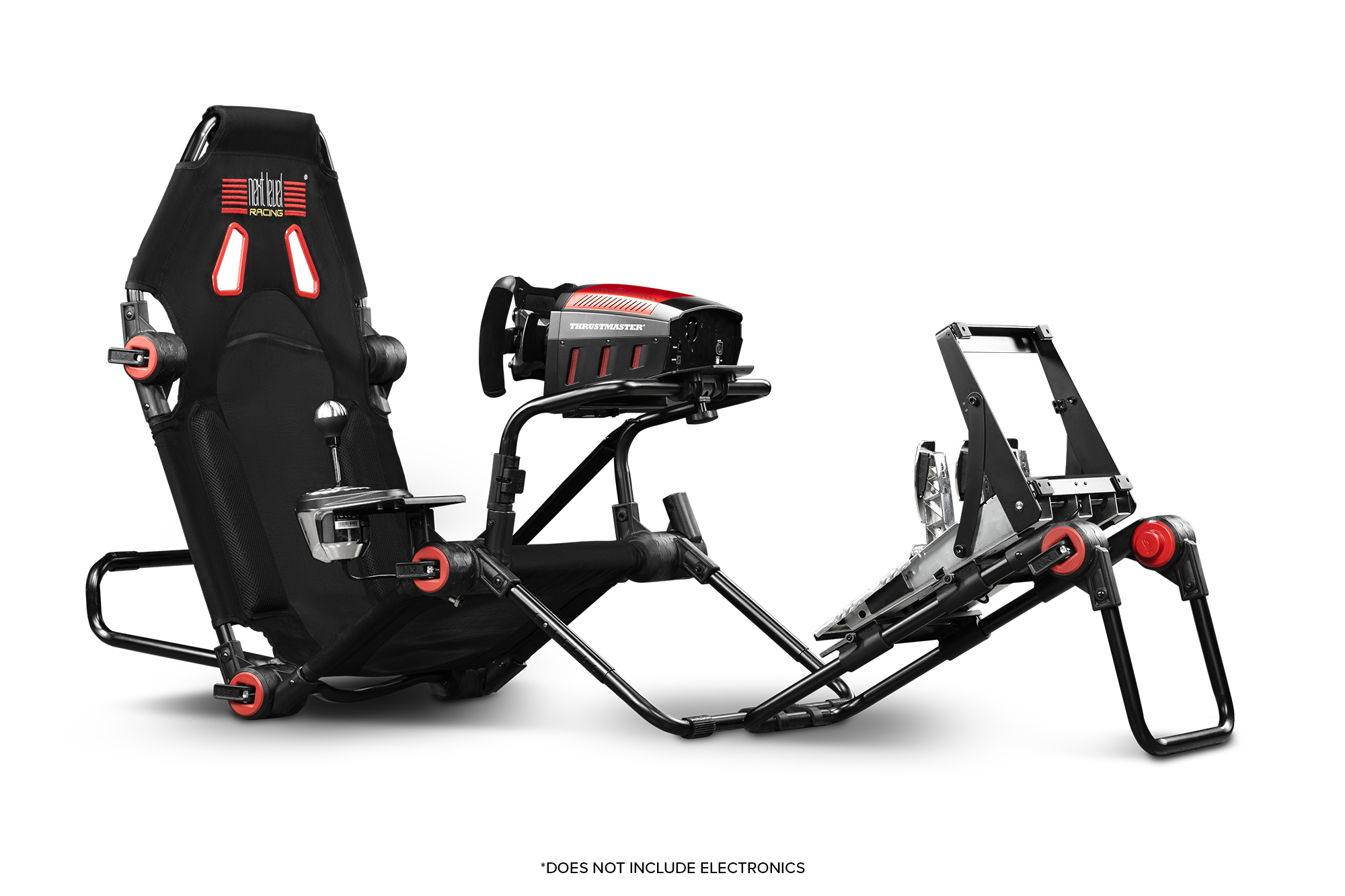 The Next Level Racing F-GT Lite Simulator Cockpit features a black frame with red accents, adjustable seat, and a sturdy design, ideal for racing simulation setups.