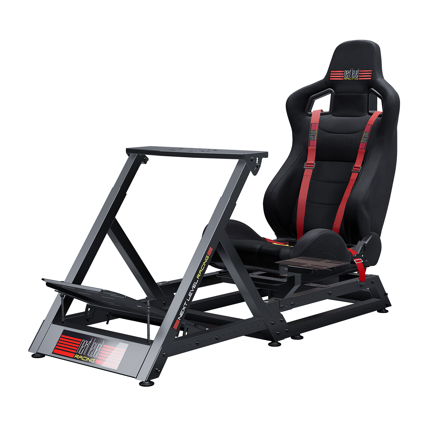 Next Level Racing GT Track Simulator Cockpit features a black metal frame, a racing-style seat with red accents, adjustable pedal plate, and sturdy construction for professional use.