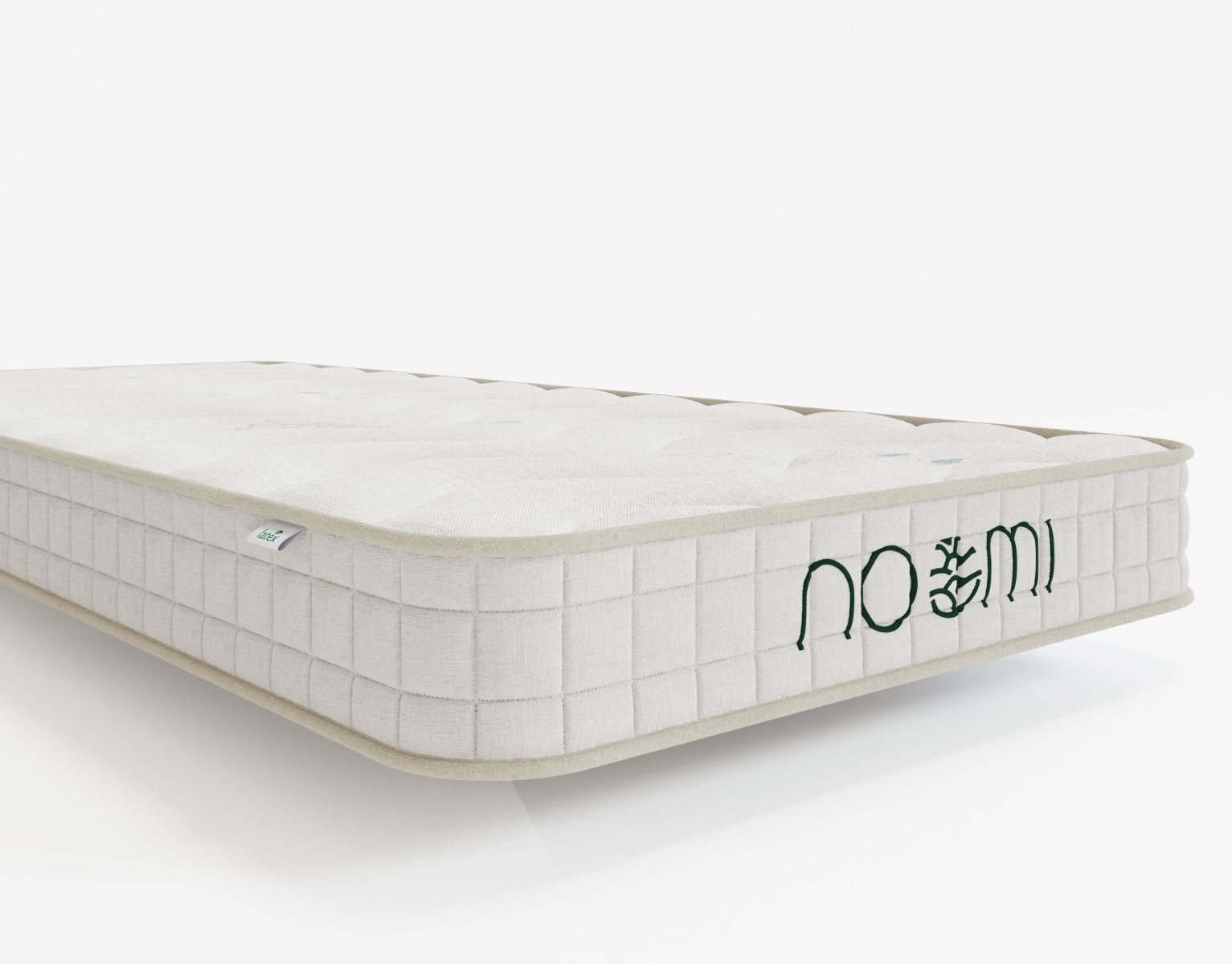 Noomi Bamboo Pocket Sprung Mattress in double size, featuring a white fabric cover with a textured pattern and green embroidered logo on the side.