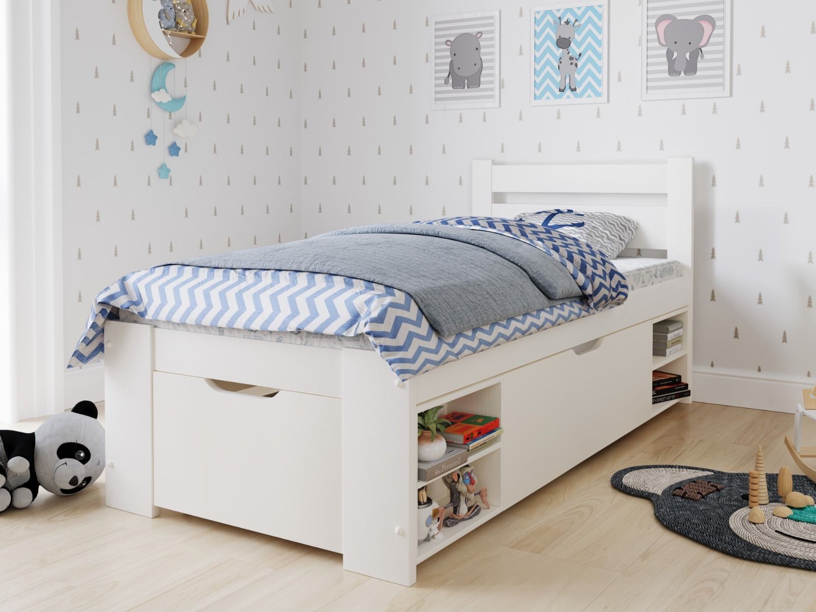 White Hansa Storage Bed by Noomi features a minimalist design with a headboard, under-bed drawers, and open shelving, complemented by a blue and white chevron patterned blanket.