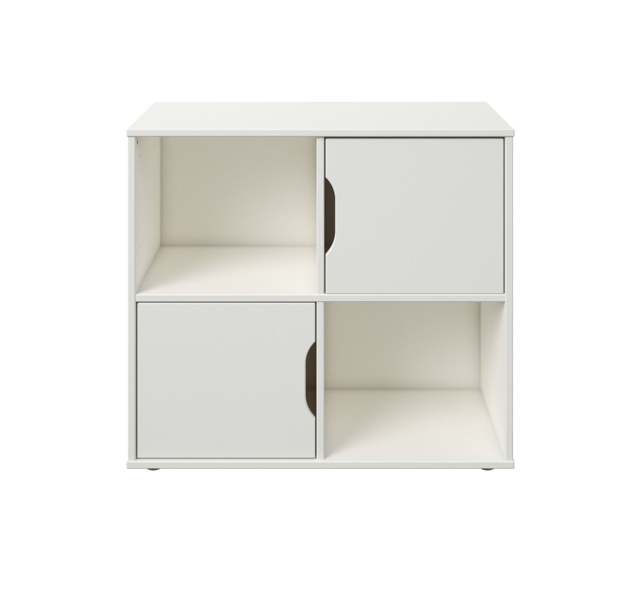 White Noomi MIDI Storage Cabin featuring two open compartments and two drawers with cut-out handles, made from a smooth, durable material.