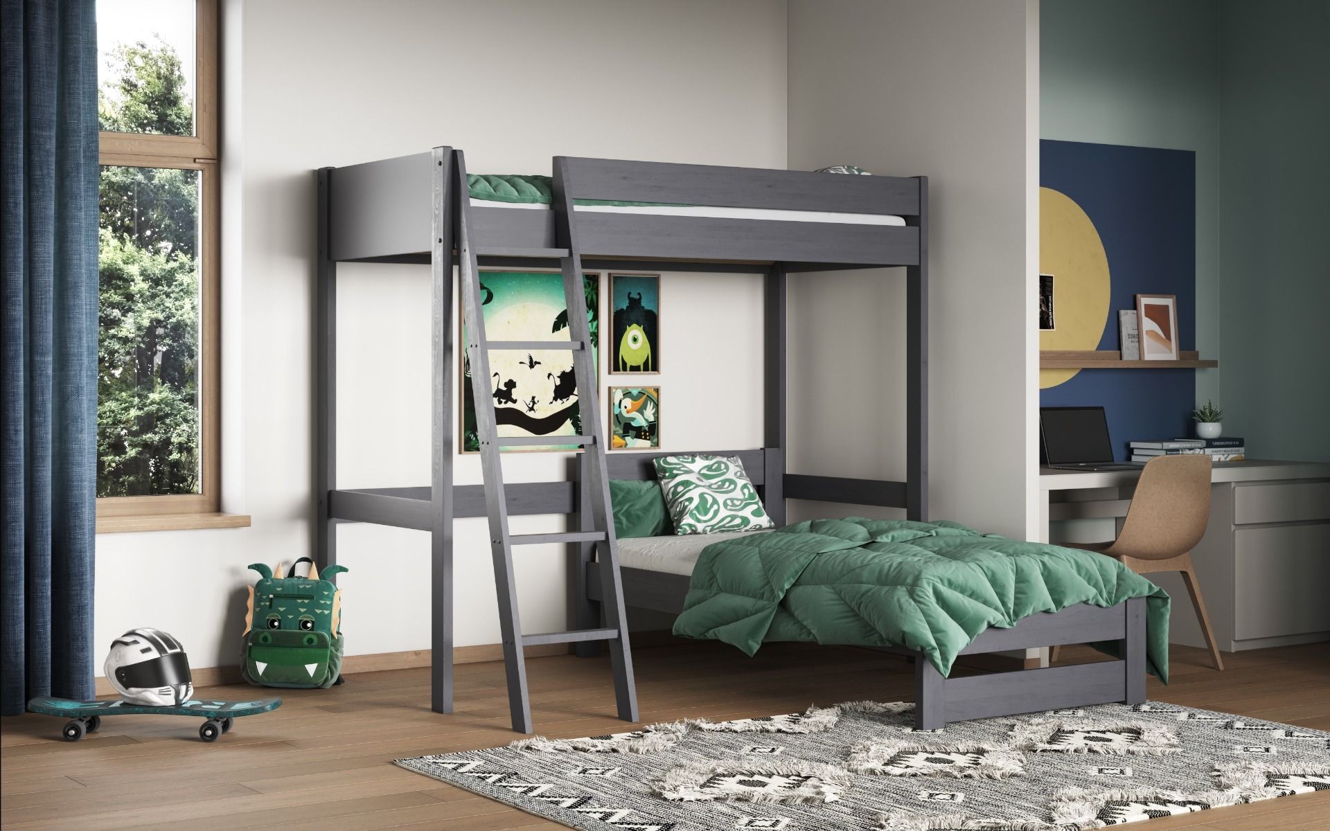 Grey high sleeper bed with an L-shaped single bed underneath, featuring a sturdy wooden frame, a ladder, and a green quilted comforter, set in a modern room with natural light.