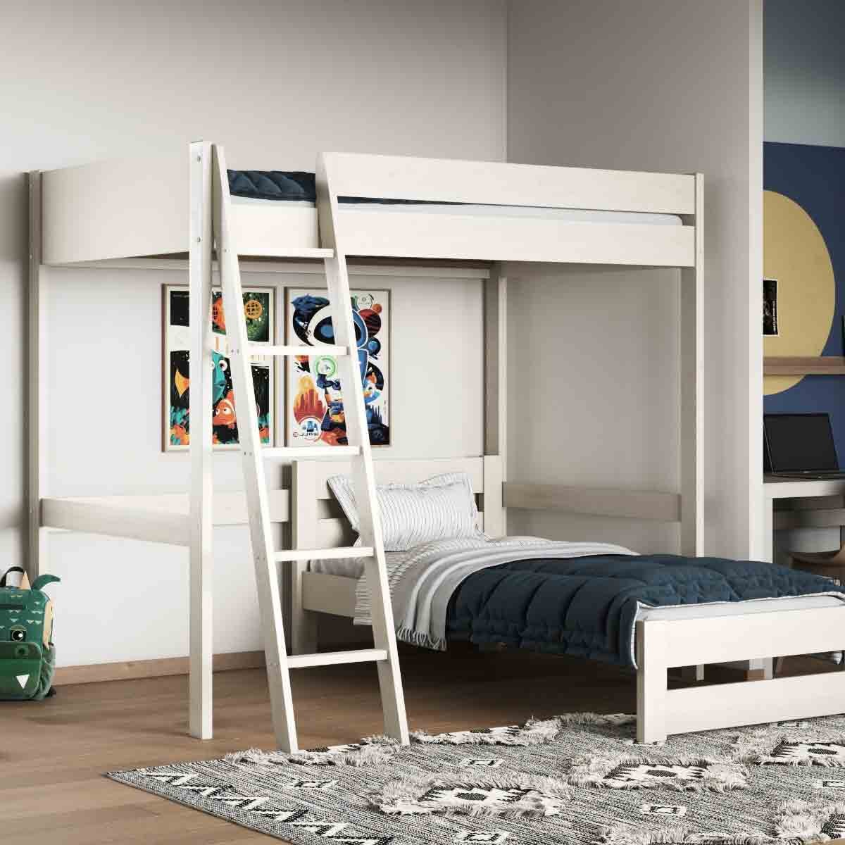 Small double white highsleeper bed with an L-shaped single bed, featuring a sturdy wooden frame, a ladder for access, and a cozy bedding setup in a modern room.