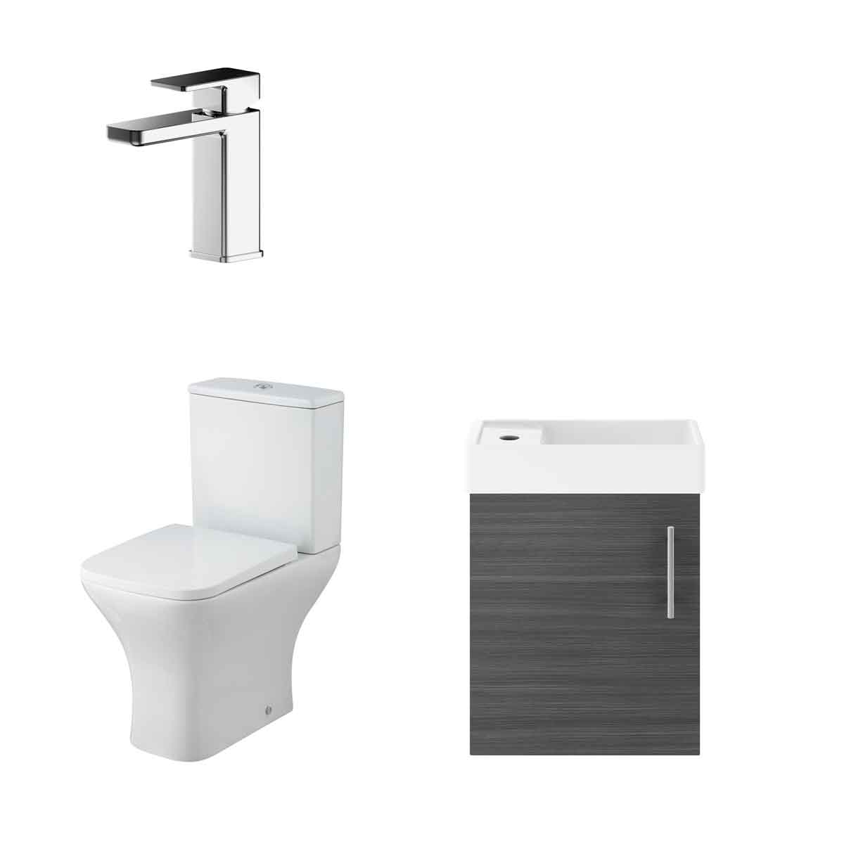 Wall-hung WC unit in anthracite woodgrain with a sleek white toilet, paired with a modern chrome tap, showcasing a minimalist design.