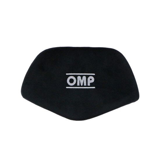 Black OMP head cushion for gaming or office chairs, featuring a sleek design with soft material and an embroidered OMP logo in the center.